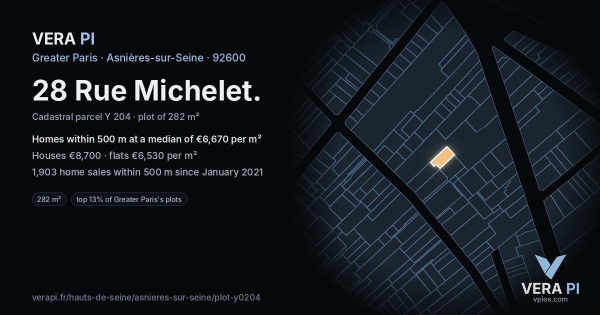 28 Rue Michelet, Asnières-sur-Seine at night – the plot lit, the parcels around coloured by the prices near them