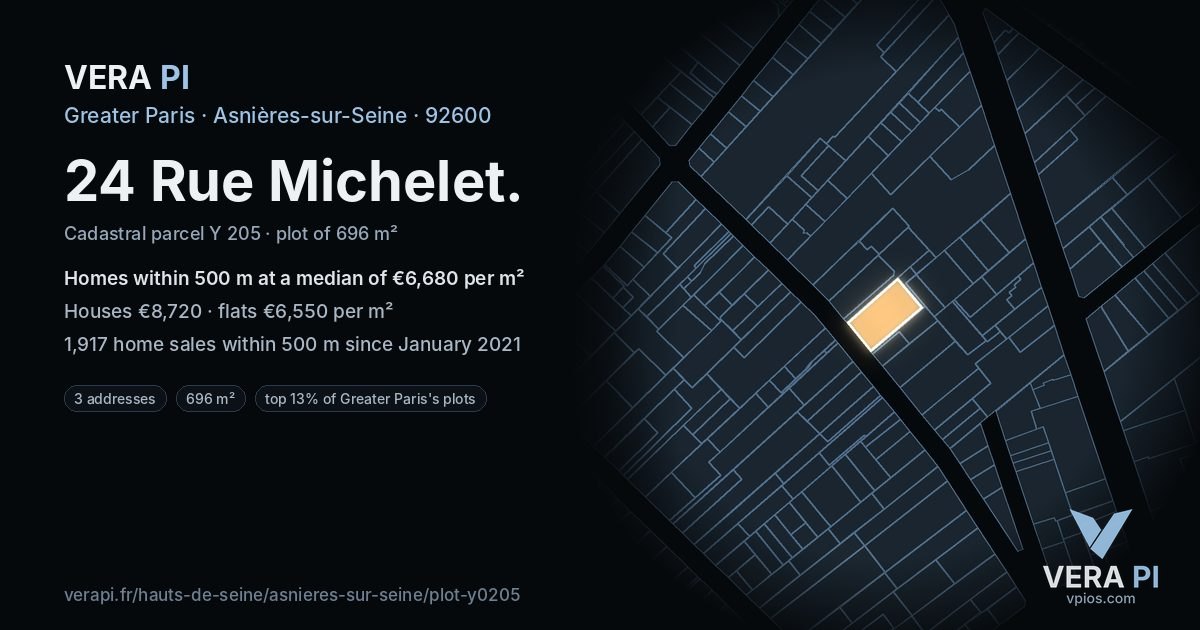 24 Rue Michelet, Asnières-sur-Seine at night – the plot lit, the parcels around coloured by the prices near them
