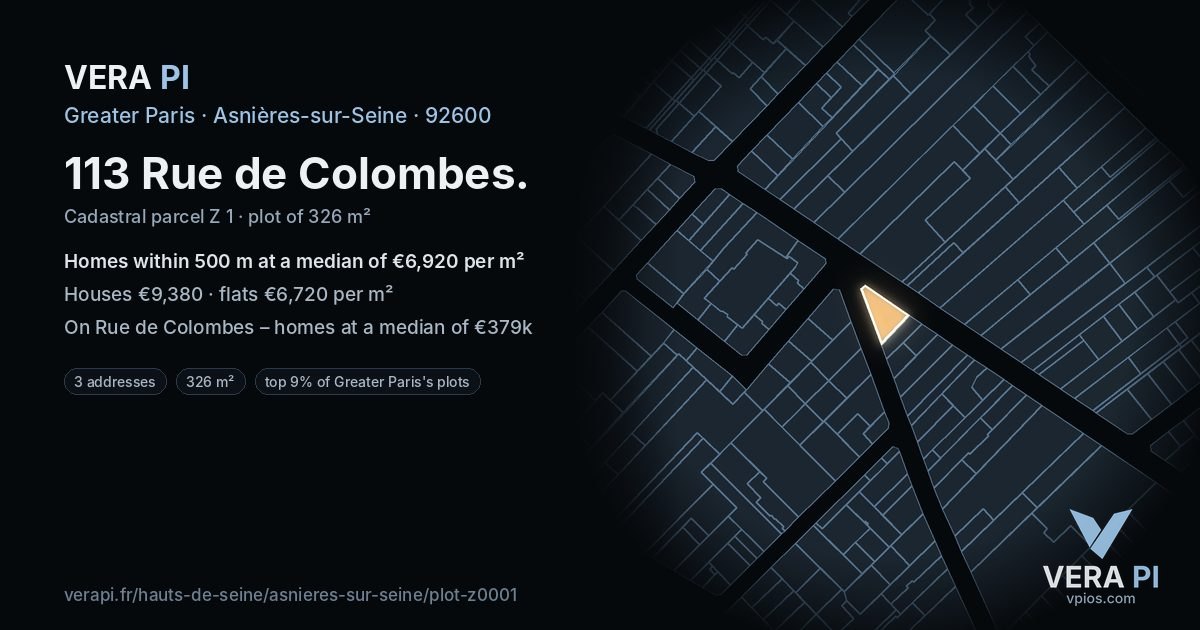 113 Rue de Colombes, Asnières-sur-Seine at night – the plot lit, the parcels around coloured by the prices near them