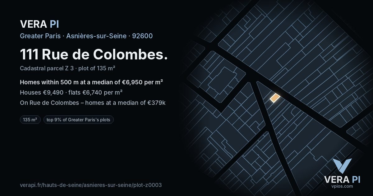111 Rue de Colombes, Asnières-sur-Seine at night – the plot lit, the parcels around coloured by the prices near them