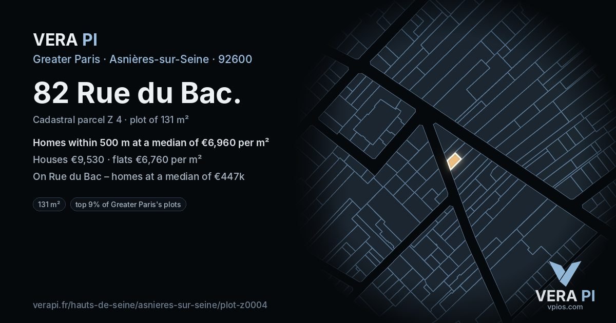 82 Rue du Bac, Asnières-sur-Seine at night – the plot lit, the parcels around coloured by the prices near them