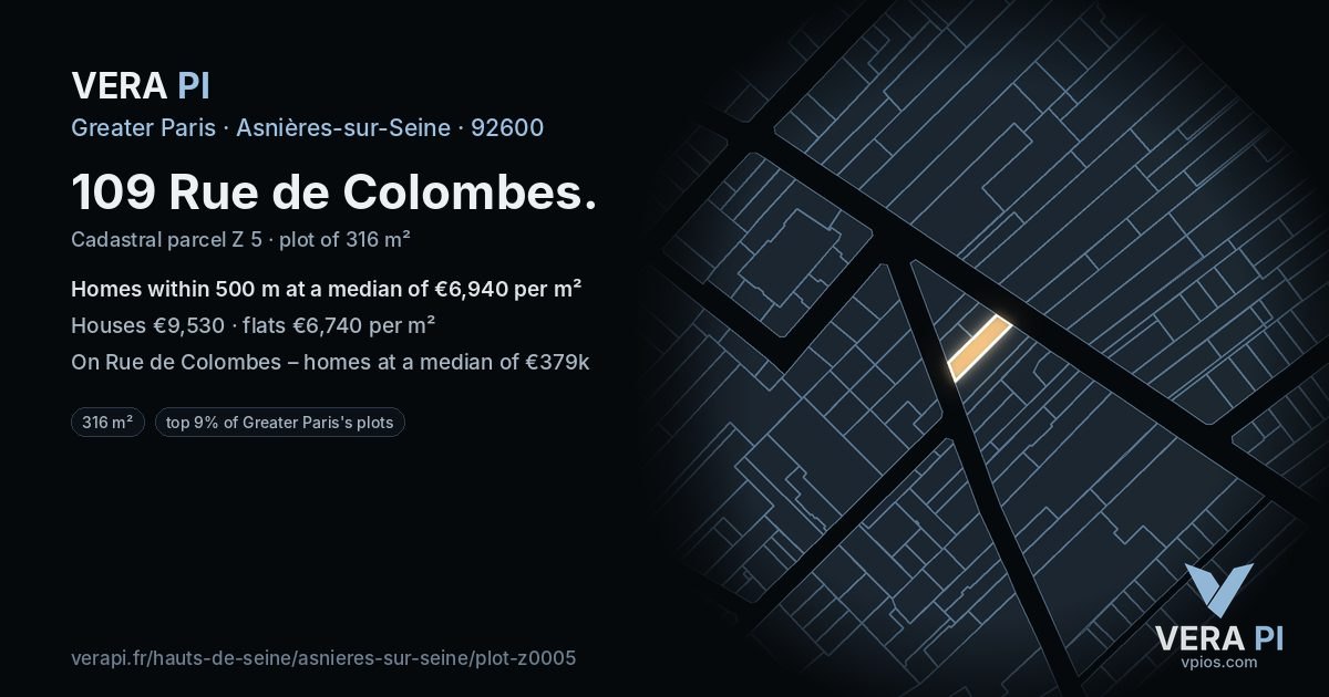 109 Rue de Colombes, Asnières-sur-Seine at night – the plot lit, the parcels around coloured by the prices near them