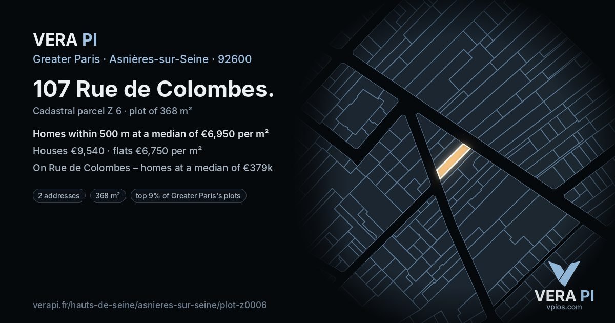 107 Rue de Colombes, Asnières-sur-Seine at night – the plot lit, the parcels around coloured by the prices near them