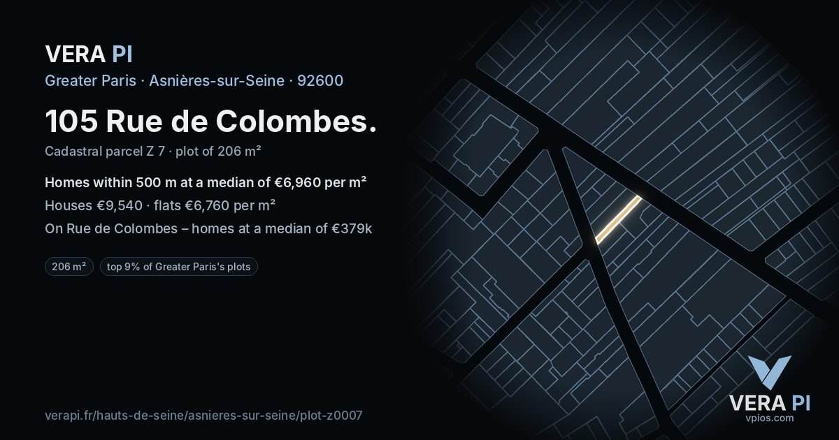 105 Rue de Colombes, Asnières-sur-Seine at night – the plot lit, the parcels around coloured by the prices near them