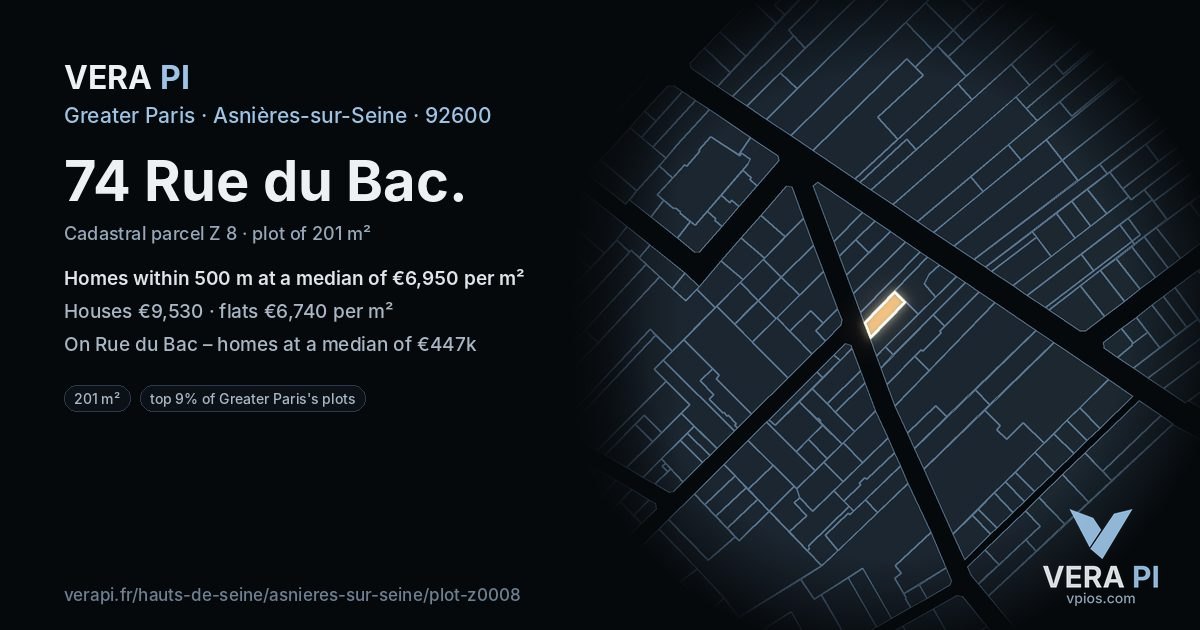 74 Rue du Bac, Asnières-sur-Seine at night – the plot lit, the parcels around coloured by the prices near them