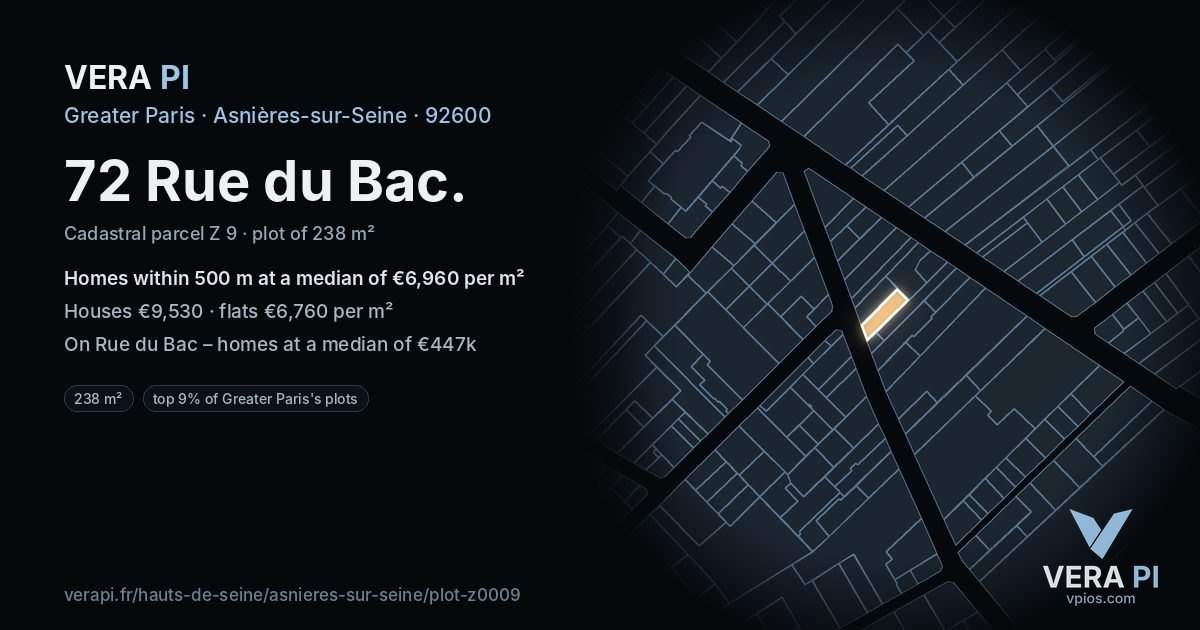 72 Rue du Bac, Asnières-sur-Seine at night – the plot lit, the parcels around coloured by the prices near them