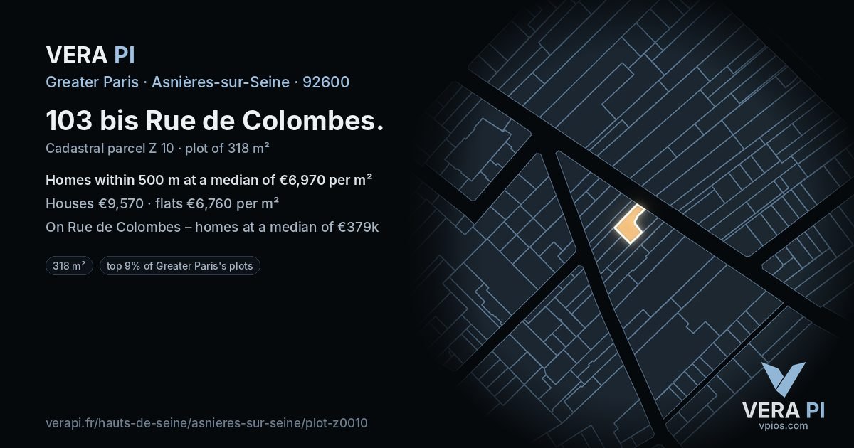 103 bis Rue de Colombes, Asnières-sur-Seine at night – the plot lit, the parcels around coloured by the prices near them