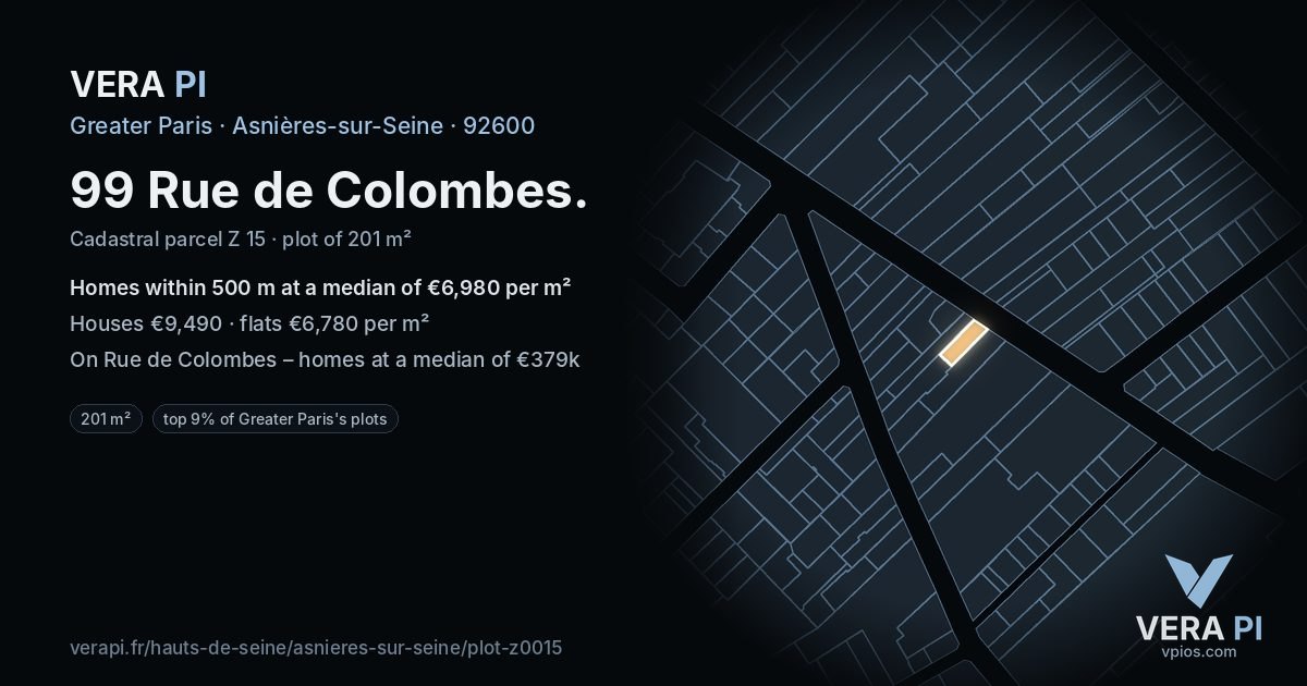 99 Rue de Colombes, Asnières-sur-Seine at night – the plot lit, the parcels around coloured by the prices near them