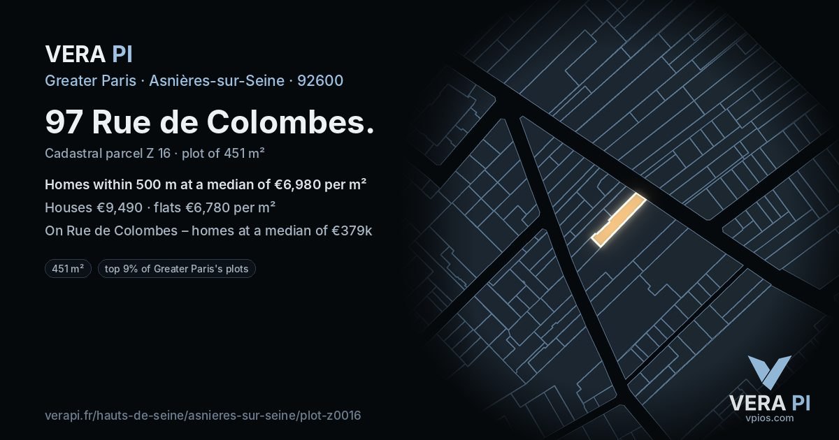 97 Rue de Colombes, Asnières-sur-Seine at night – the plot lit, the parcels around coloured by the prices near them