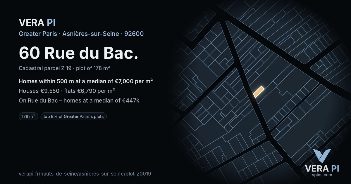 60 Rue du Bac, Asnières-sur-Seine at night – the plot lit, the parcels around coloured by the prices near them