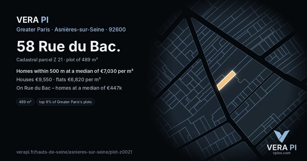 58 Rue du Bac, Asnières-sur-Seine at night – the plot lit, the parcels around coloured by the prices near them