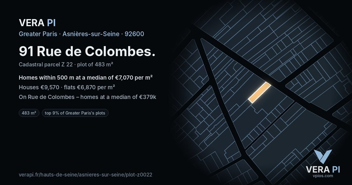 91 Rue de Colombes, Asnières-sur-Seine at night – the plot lit, the parcels around coloured by the prices near them