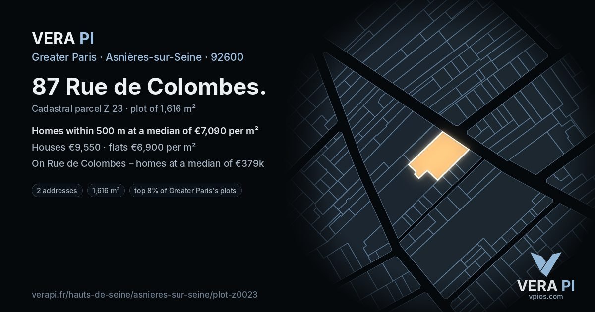 87 Rue de Colombes, Asnières-sur-Seine at night – the plot lit, the parcels around coloured by the prices near them