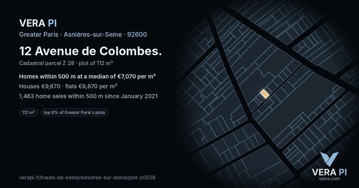 12 Avenue de Colombes, Asnières-sur-Seine at night – the plot lit, the parcels around coloured by the prices near them