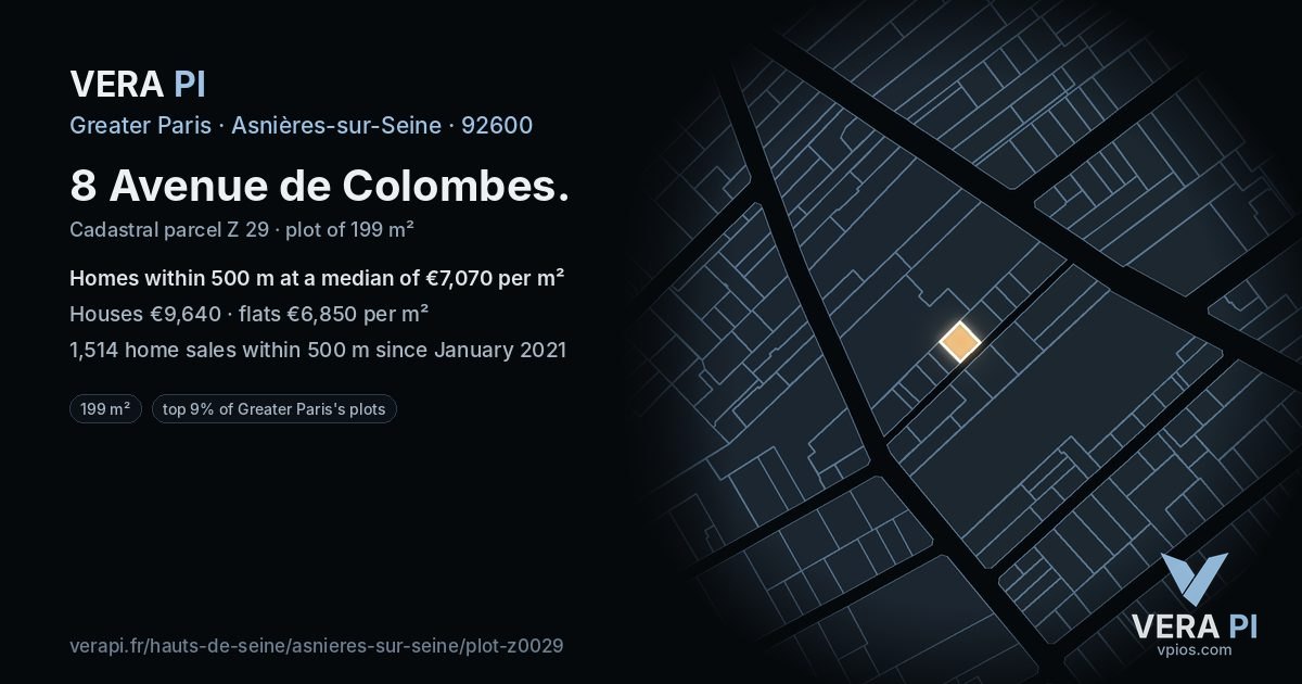 8 Avenue de Colombes, Asnières-sur-Seine at night – the plot lit, the parcels around coloured by the prices near them
