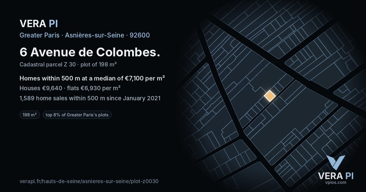 6 Avenue de Colombes, Asnières-sur-Seine at night – the plot lit, the parcels around coloured by the prices near them