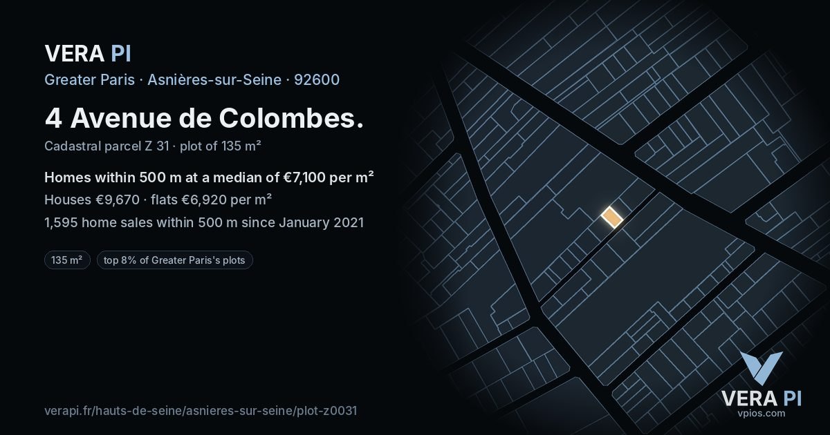 4 Avenue de Colombes, Asnières-sur-Seine at night – the plot lit, the parcels around coloured by the prices near them