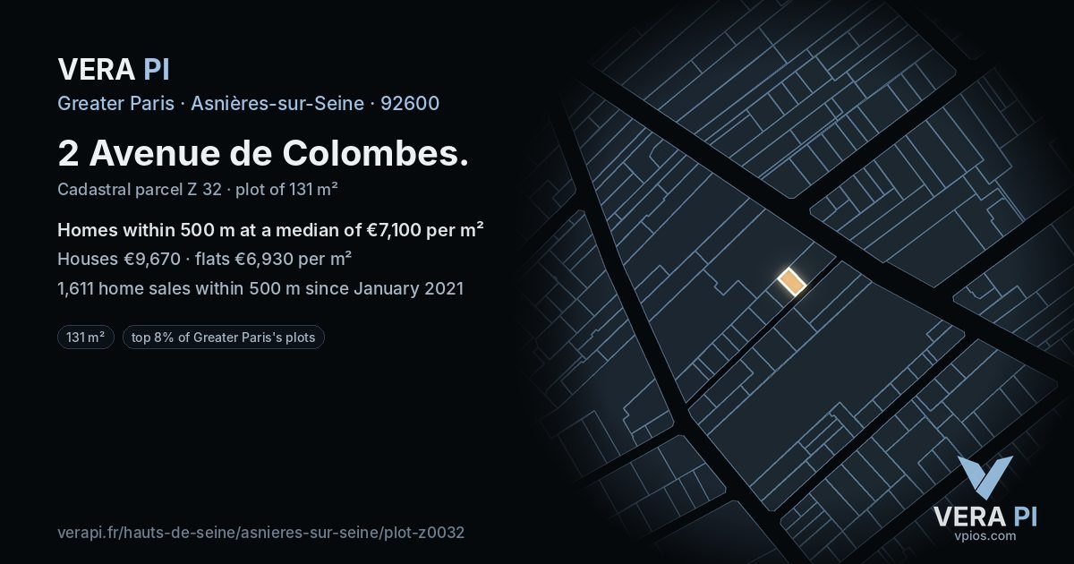 2 Avenue de Colombes, Asnières-sur-Seine at night – the plot lit, the parcels around coloured by the prices near them