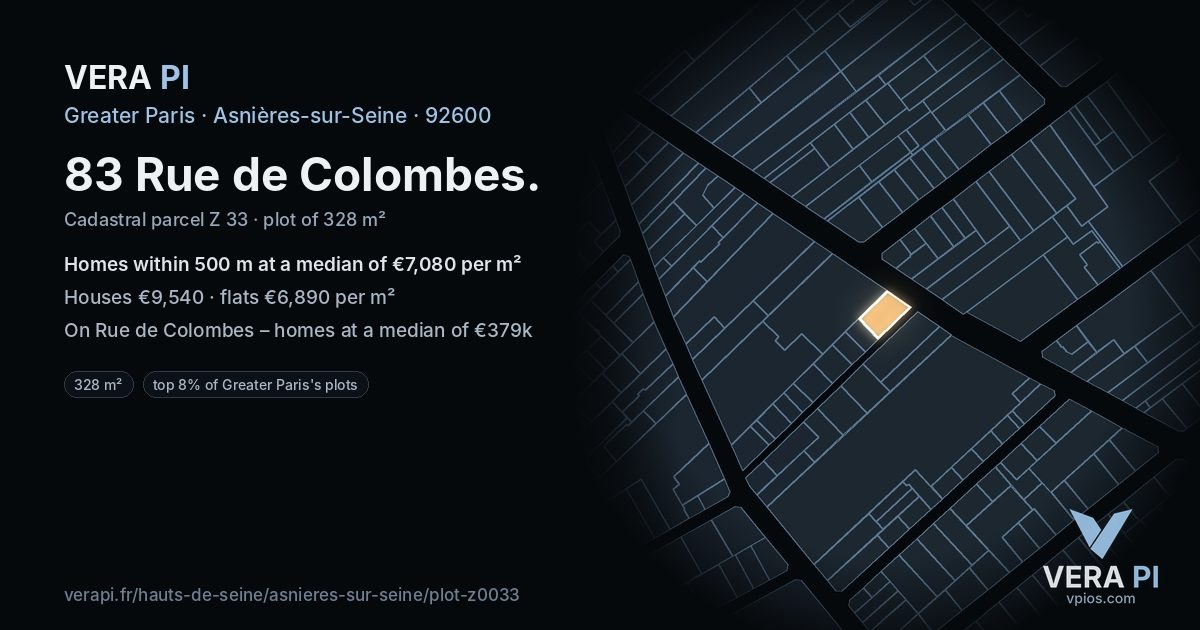 83 Rue de Colombes, Asnières-sur-Seine at night – the plot lit, the parcels around coloured by the prices near them