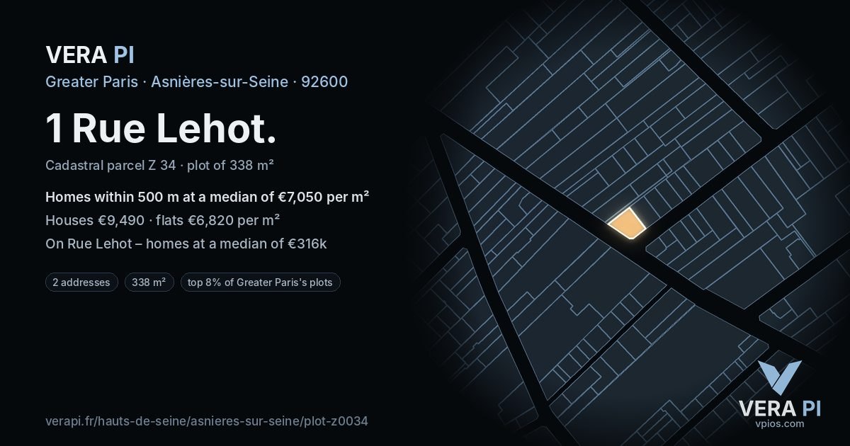1 Rue Lehot, Asnières-sur-Seine at night – the plot lit, the parcels around coloured by the prices near them