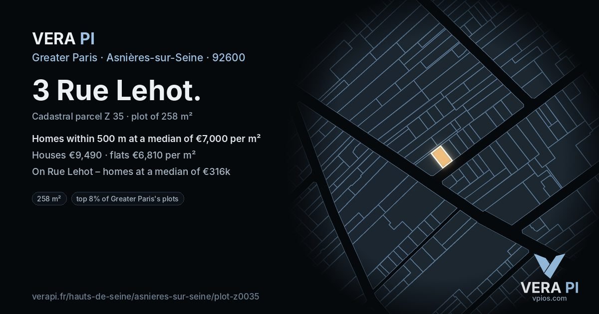 3 Rue Lehot, Asnières-sur-Seine at night – the plot lit, the parcels around coloured by the prices near them