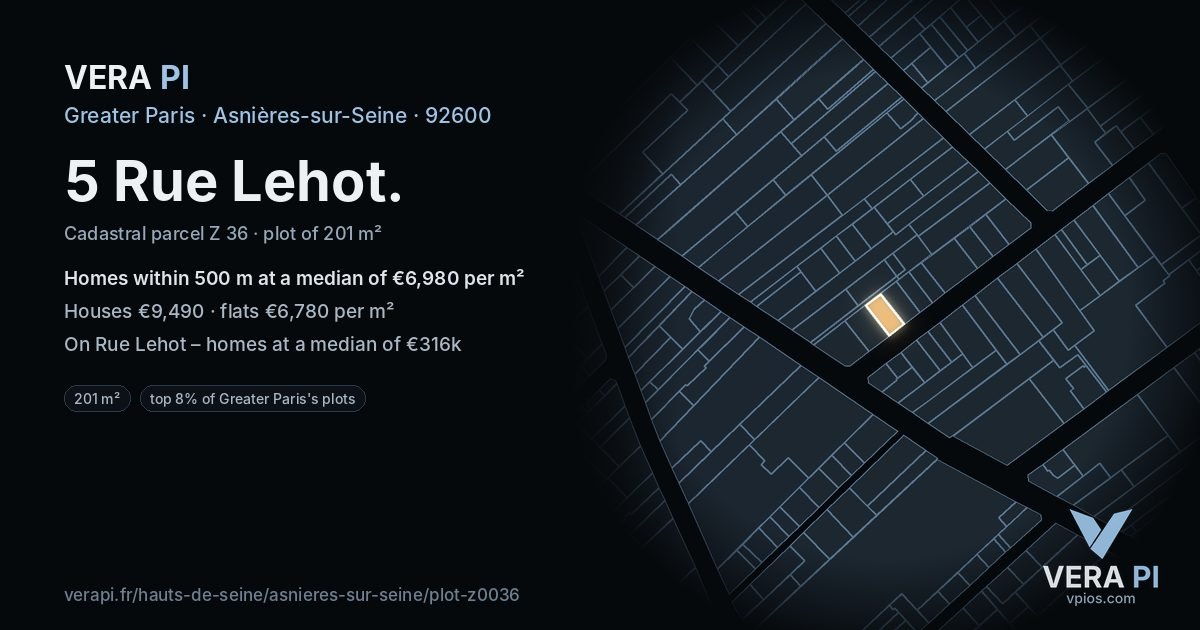 5 Rue Lehot, Asnières-sur-Seine at night – the plot lit, the parcels around coloured by the prices near them