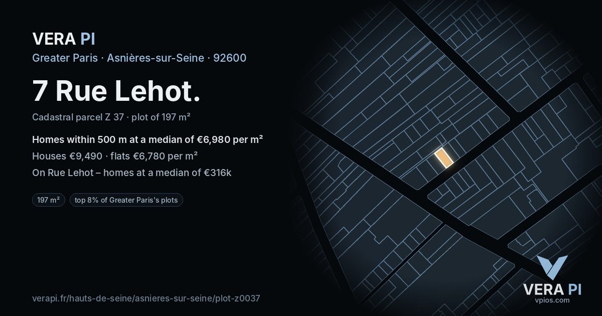 7 Rue Lehot, Asnières-sur-Seine at night – the plot lit, the parcels around coloured by the prices near them