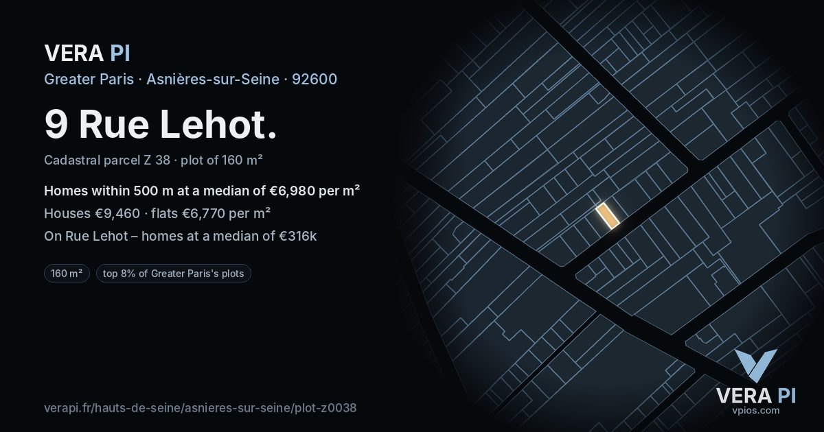 9 Rue Lehot, Asnières-sur-Seine at night – the plot lit, the parcels around coloured by the prices near them