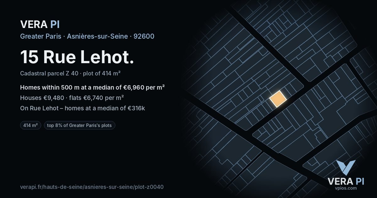 15 Rue Lehot, Asnières-sur-Seine at night – the plot lit, the parcels around coloured by the prices near them