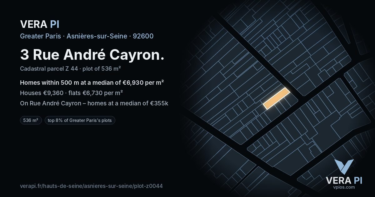 3 Rue André Cayron, Asnières-sur-Seine at night – the plot lit, the parcels around coloured by the prices near them