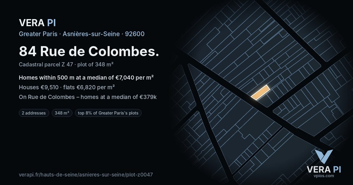 84 Rue de Colombes, Asnières-sur-Seine at night – the plot lit, the parcels around coloured by the prices near them