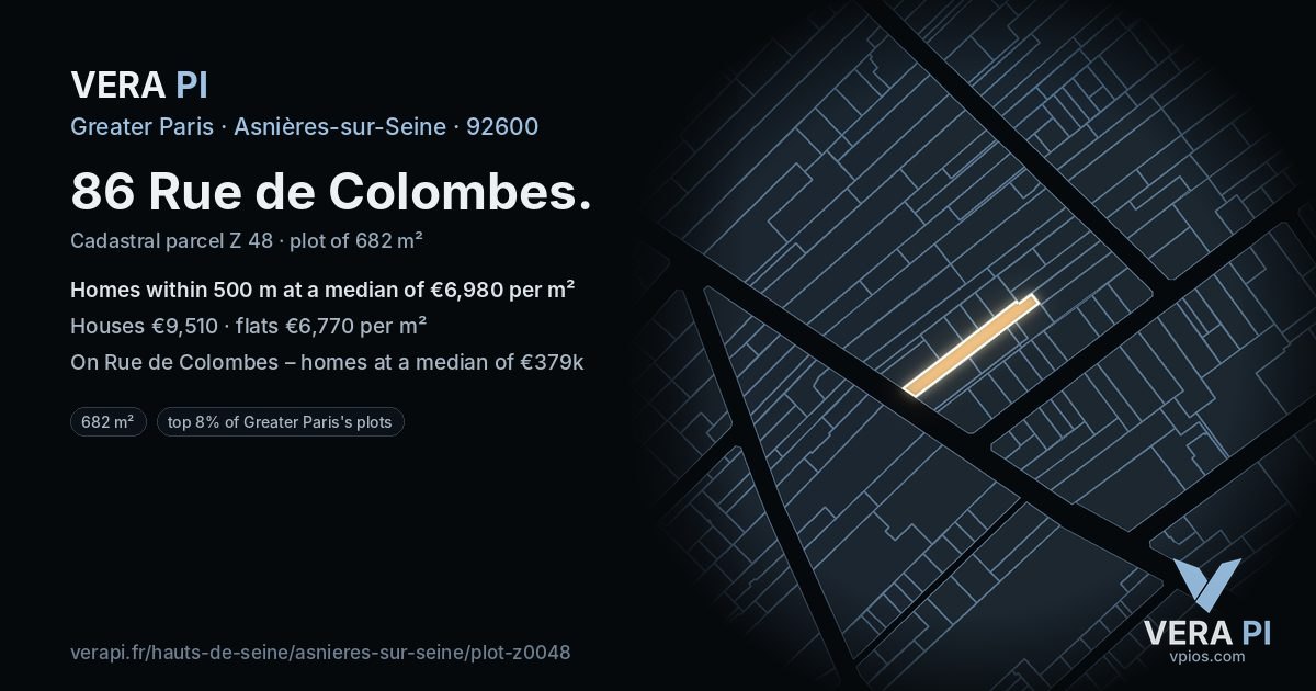 86 Rue de Colombes, Asnières-sur-Seine at night – the plot lit, the parcels around coloured by the prices near them