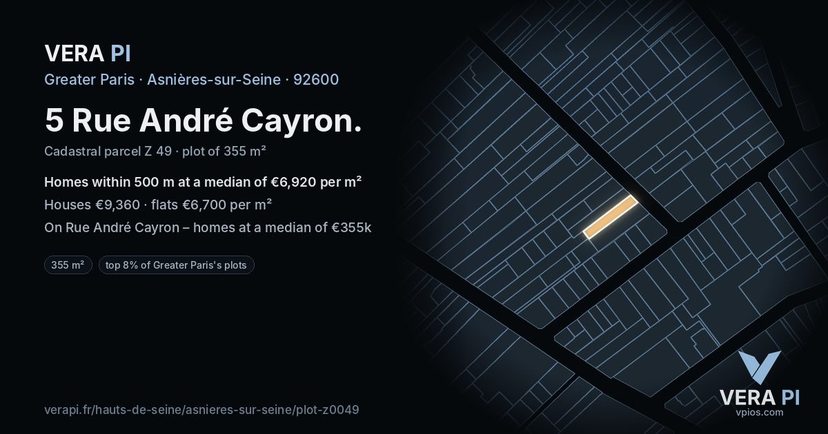 5 Rue André Cayron, Asnières-sur-Seine at night – the plot lit, the parcels around coloured by the prices near them