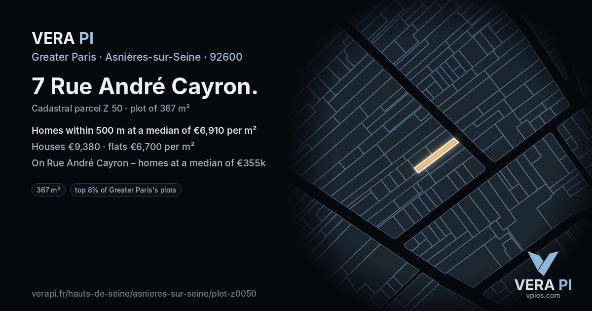 7 Rue André Cayron, Asnières-sur-Seine at night – the plot lit, the parcels around coloured by the prices near them