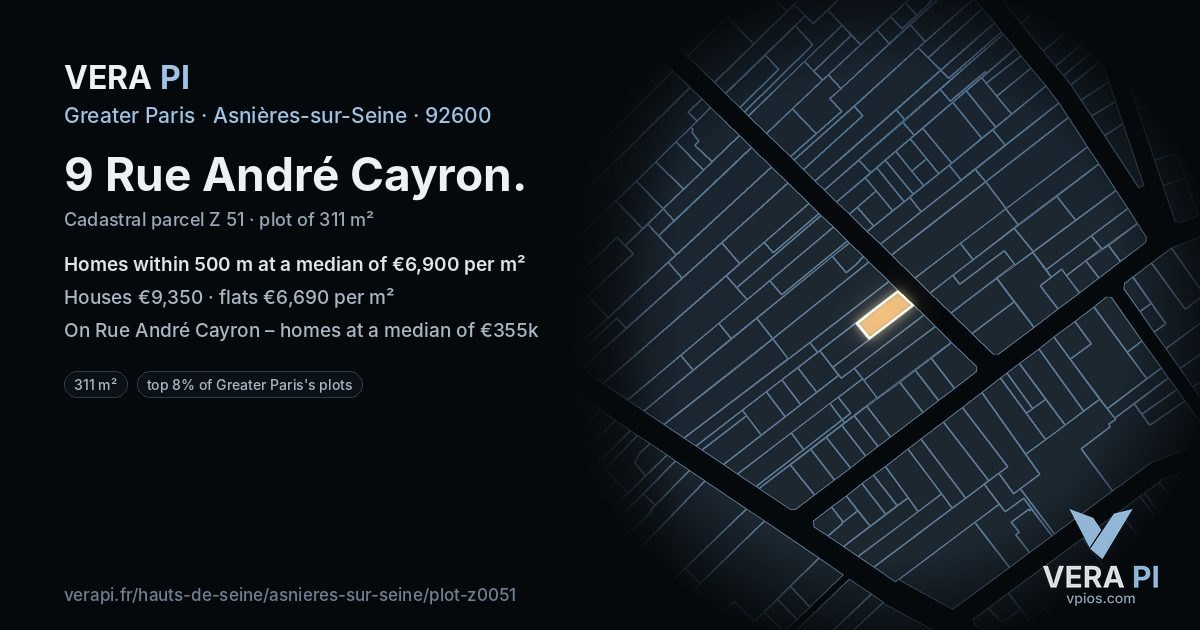 9 Rue André Cayron, Asnières-sur-Seine at night – the plot lit, the parcels around coloured by the prices near them