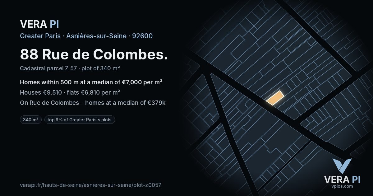 88 Rue de Colombes, Asnières-sur-Seine at night – the plot lit, the parcels around coloured by the prices near them