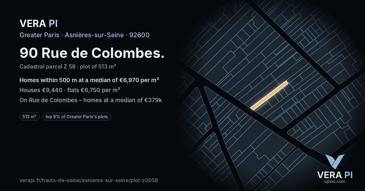 90 Rue de Colombes, Asnières-sur-Seine at night – the plot lit, the parcels around coloured by the prices near them