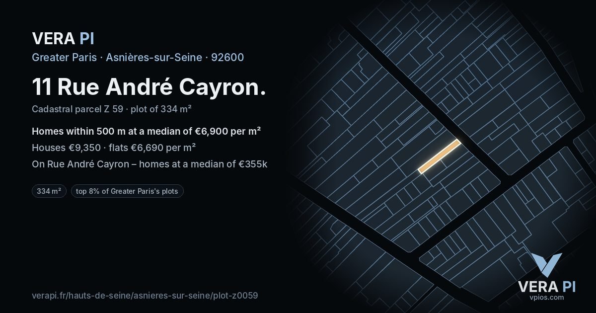 11 Rue André Cayron, Asnières-sur-Seine at night – the plot lit, the parcels around coloured by the prices near them