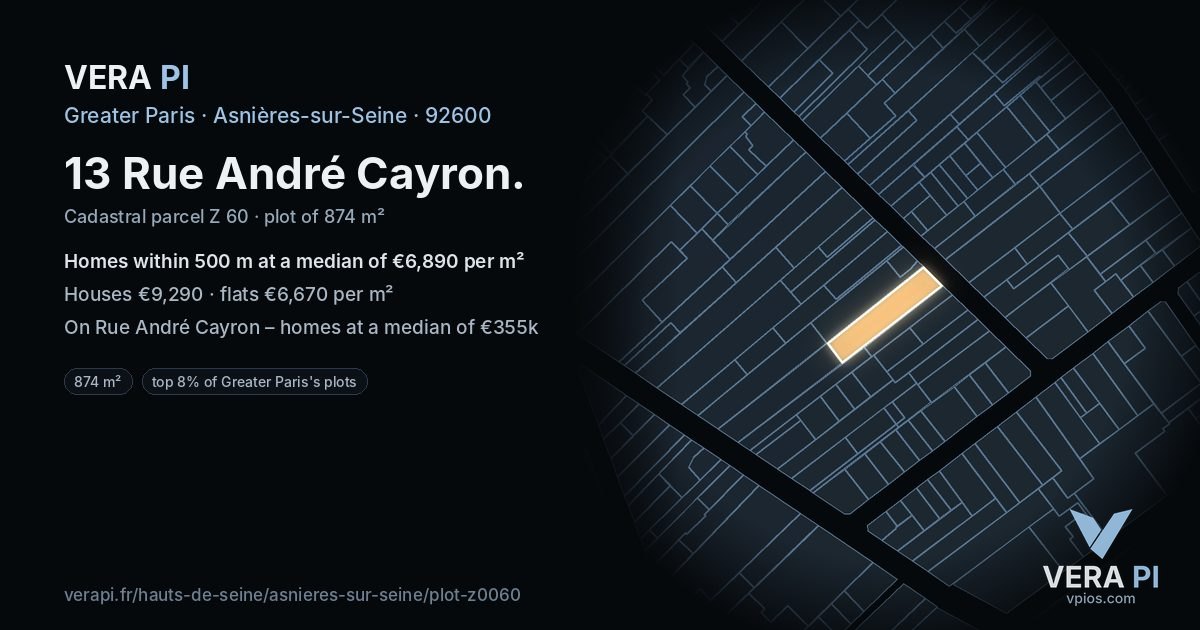 13 Rue André Cayron, Asnières-sur-Seine at night – the plot lit, the parcels around coloured by the prices near them
