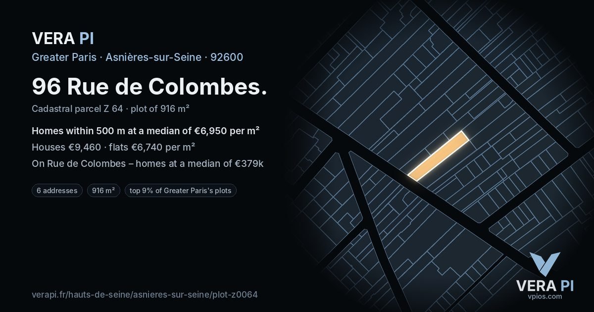96 Rue de Colombes, Asnières-sur-Seine at night – the plot lit, the parcels around coloured by the prices near them