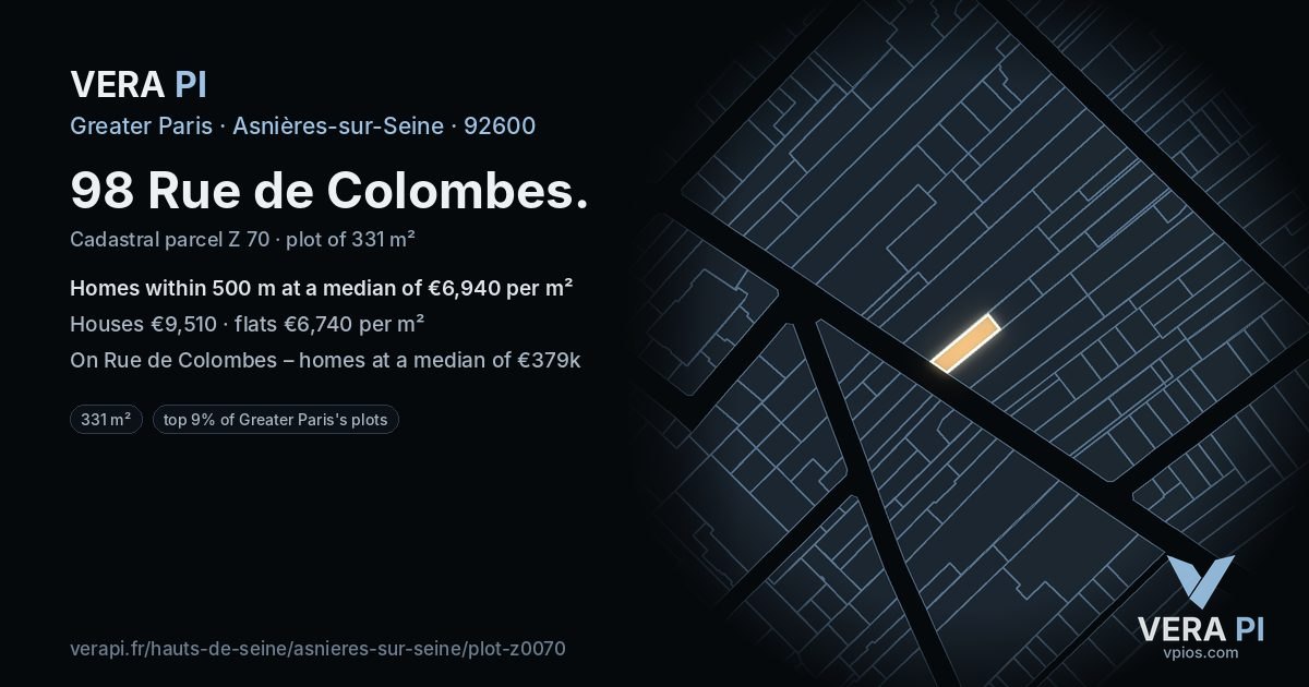 98 Rue de Colombes, Asnières-sur-Seine at night – the plot lit, the parcels around coloured by the prices near them