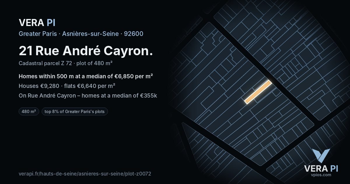 21 Rue André Cayron, Asnières-sur-Seine at night – the plot lit, the parcels around coloured by the prices near them
