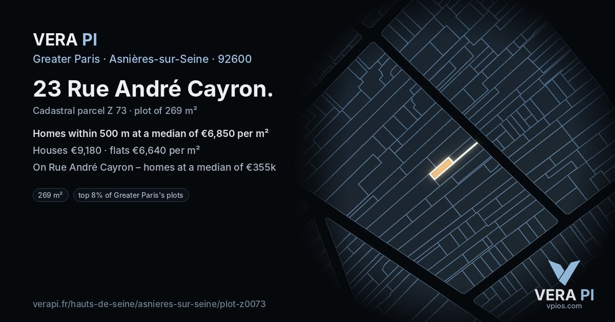 23 Rue André Cayron, Asnières-sur-Seine at night – the plot lit, the parcels around coloured by the prices near them
