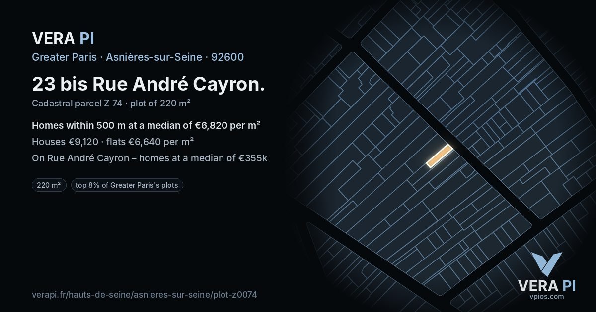 23 bis Rue André Cayron, Asnières-sur-Seine at night – the plot lit, the parcels around coloured by the prices near them