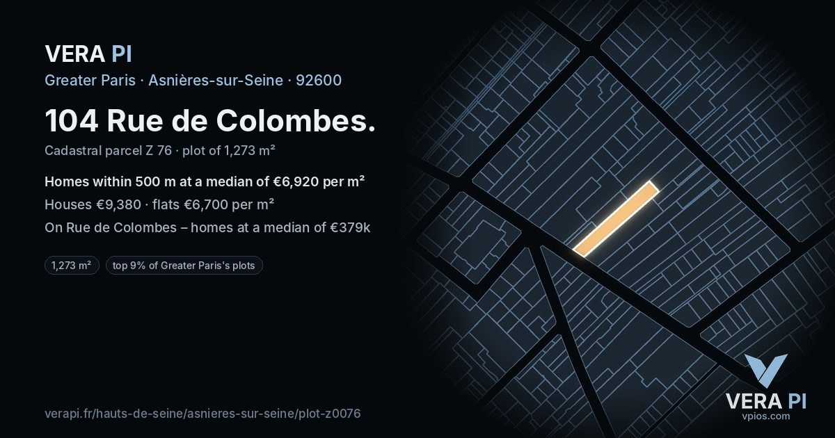 104 Rue de Colombes, Asnières-sur-Seine at night – the plot lit, the parcels around coloured by the prices near them
