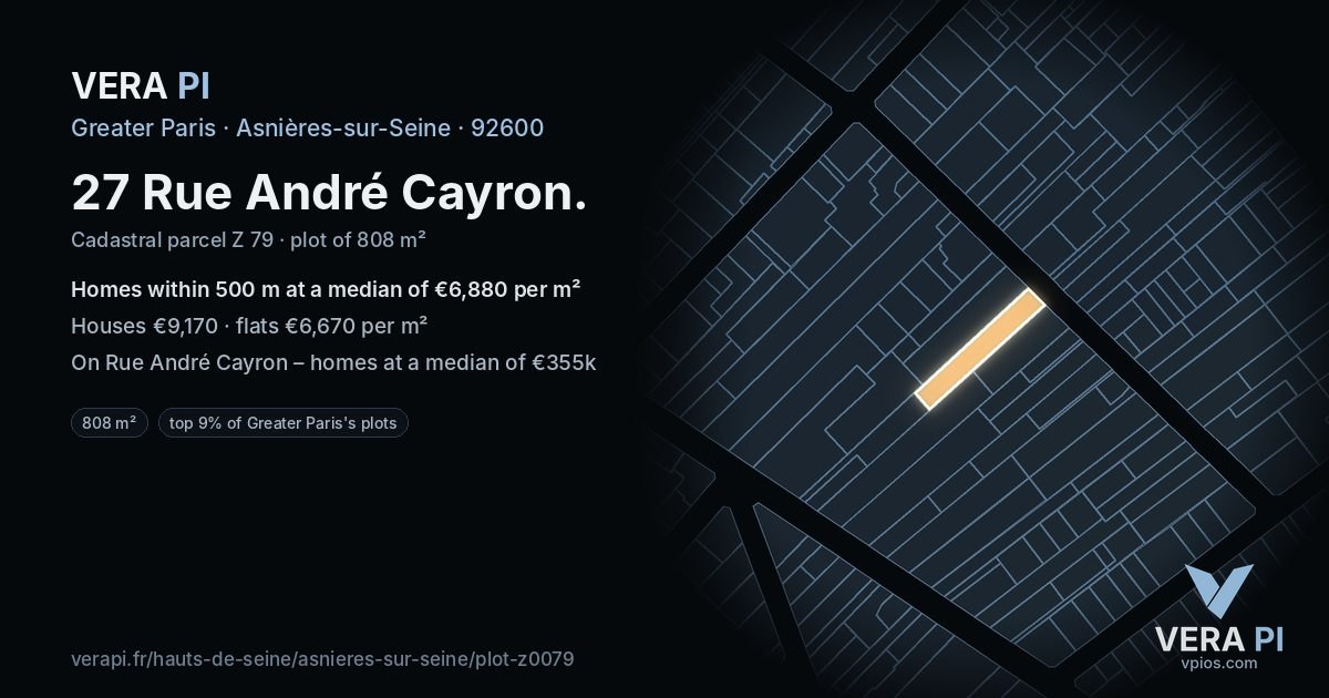 27 Rue André Cayron, Asnières-sur-Seine at night – the plot lit, the parcels around coloured by the prices near them
