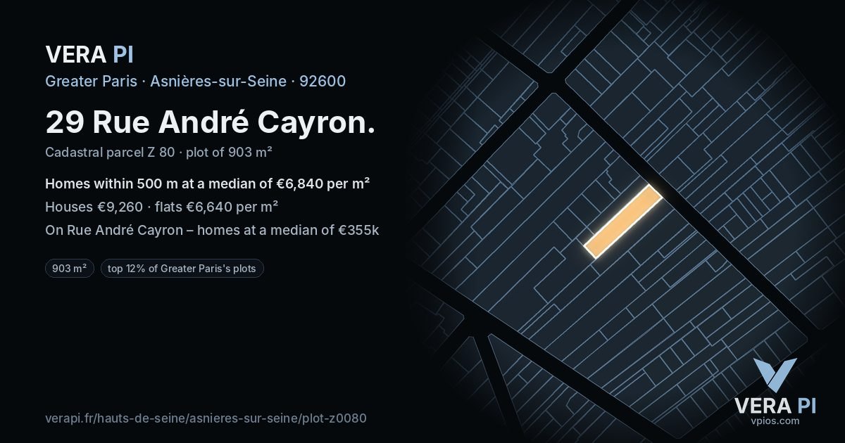 29 Rue André Cayron, Asnières-sur-Seine at night – the plot lit, the parcels around coloured by the prices near them