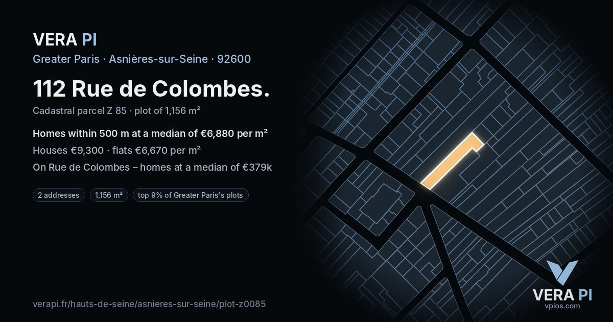 112 Rue de Colombes, Asnières-sur-Seine at night – the plot lit, the parcels around coloured by the prices near them