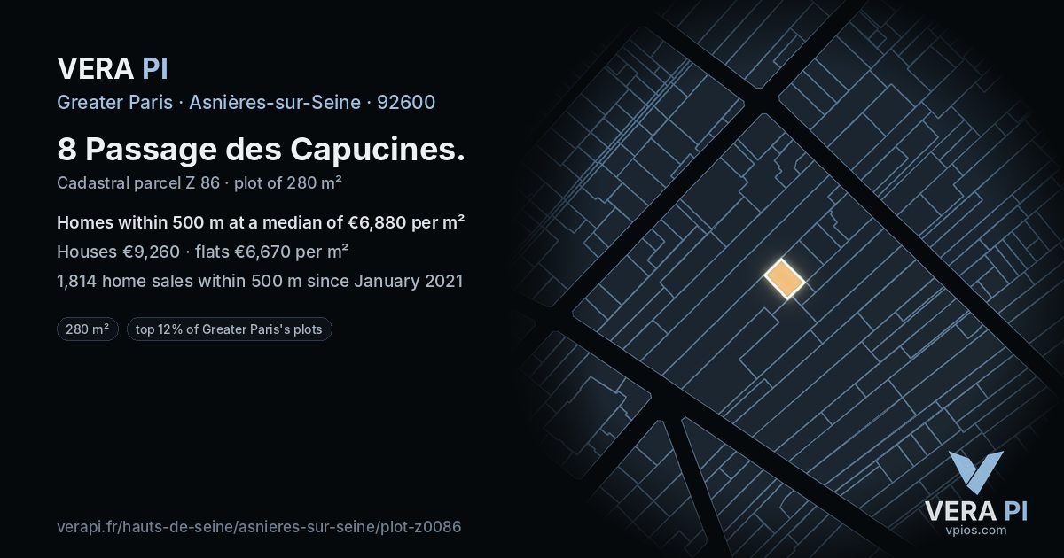 8 Passage des Capucines, Asnières-sur-Seine at night – the plot lit, the parcels around coloured by the prices near them