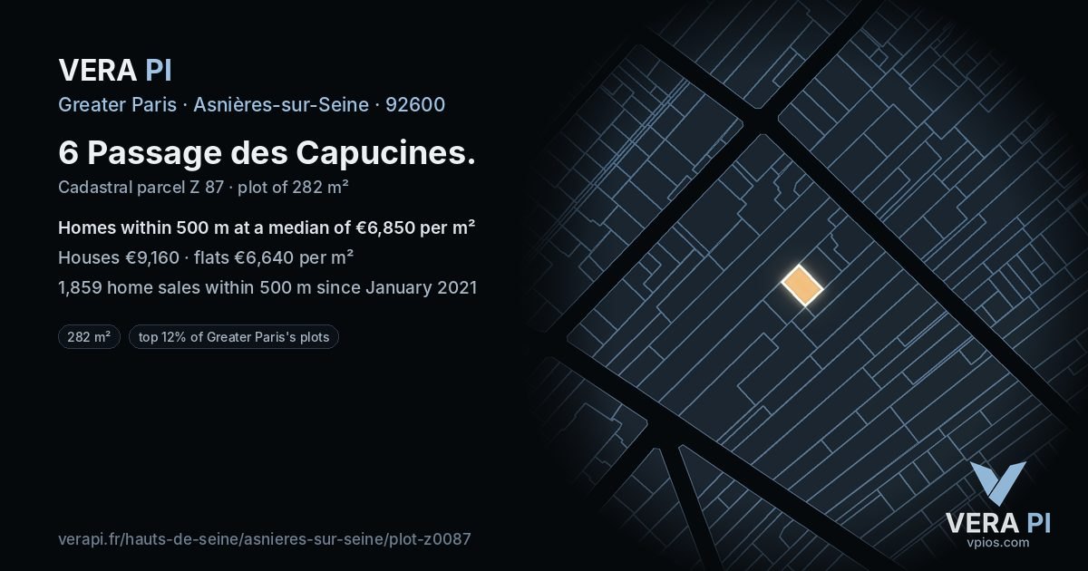 6 Passage des Capucines, Asnières-sur-Seine at night – the plot lit, the parcels around coloured by the prices near them